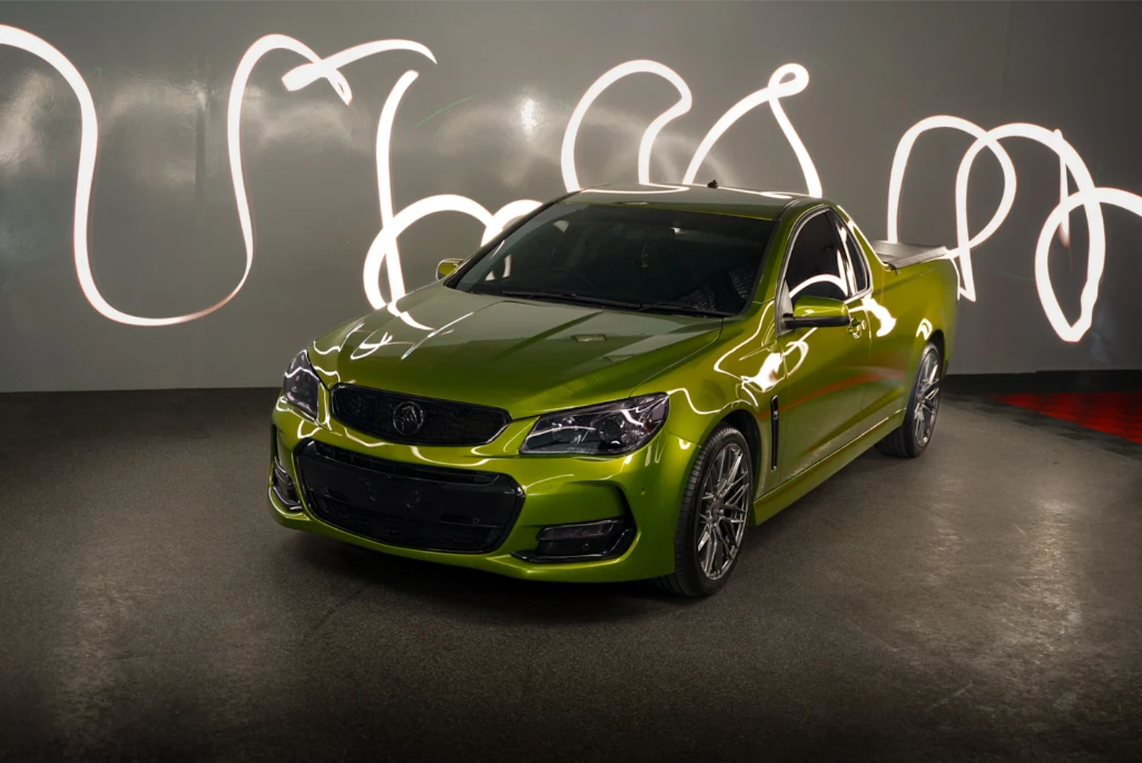 Green Holden ute detailed and polished under studio lighting at Auto Affection Detailing